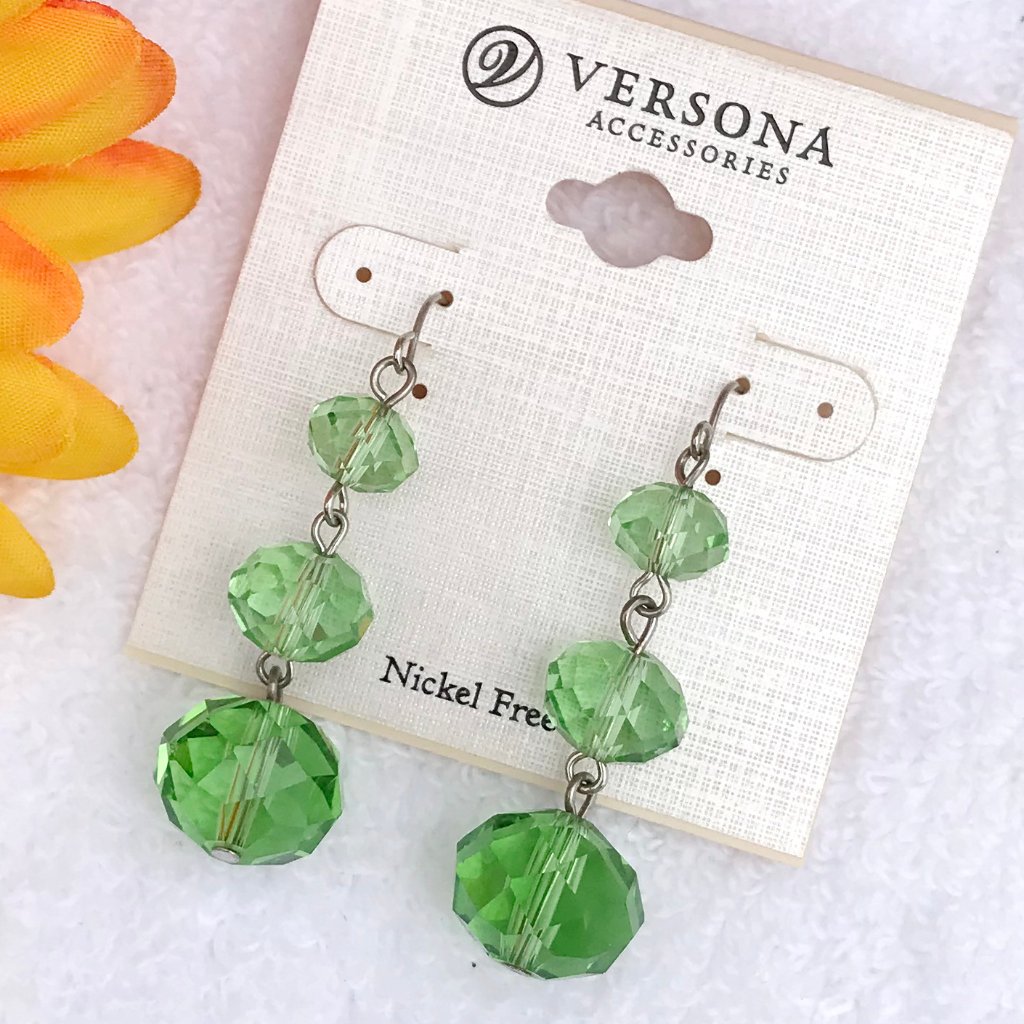 Boho Earrings Green Bead Silvertone Dangle Drops